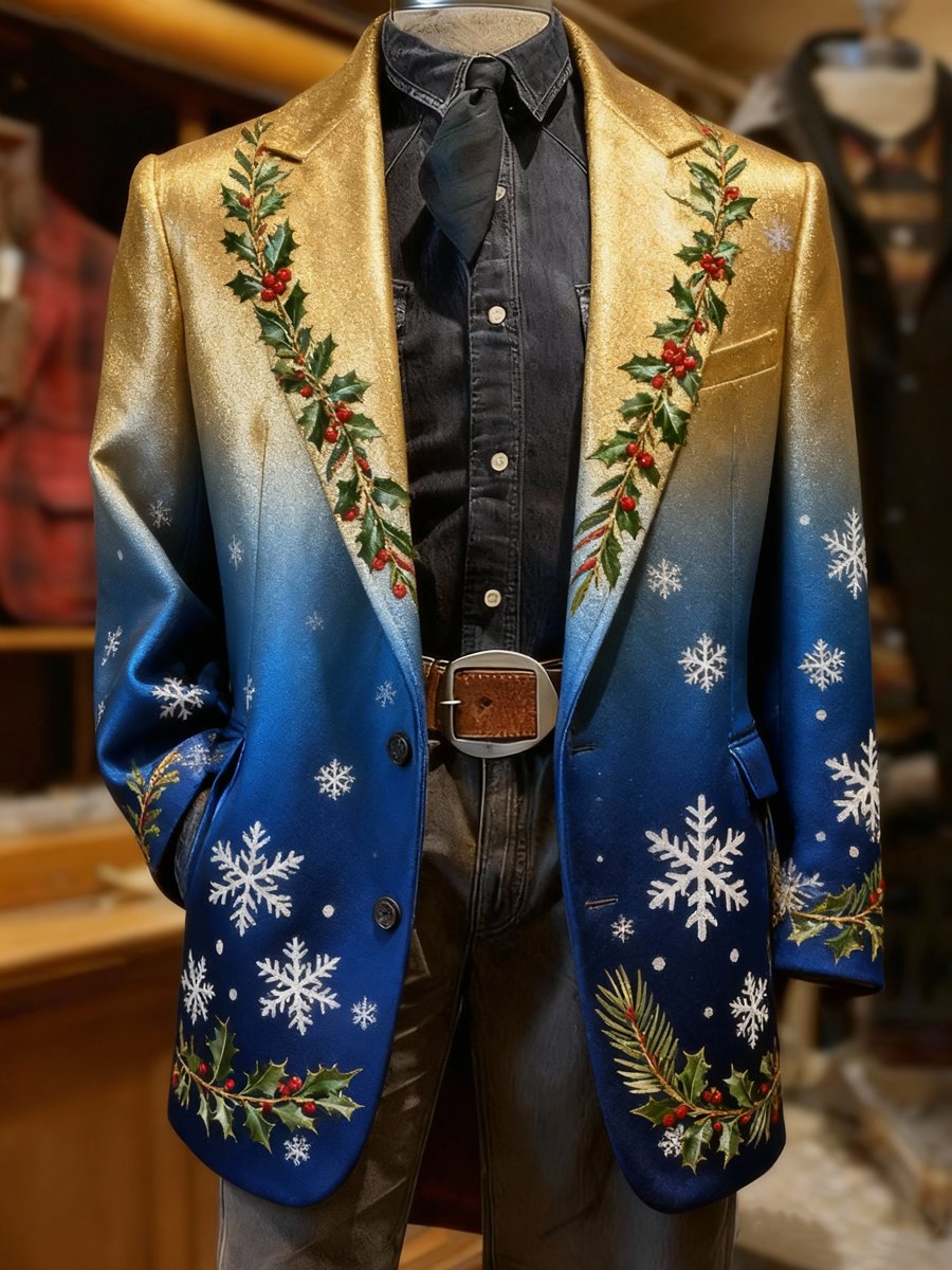 Men's fashionable Christmas snowflake holly lapel suit jacket