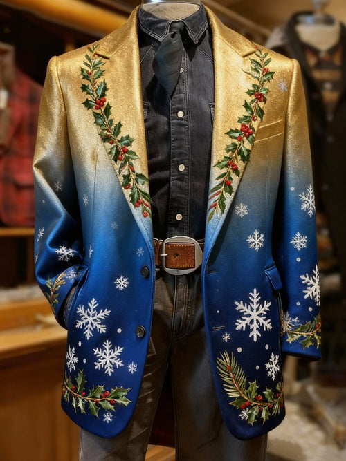 Men's fashionable Christmas snowflake holly lapel suit jacket