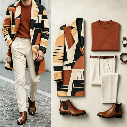 Men's Abstract Geometric Print Suit Set: Jacket, Knit Sweater, and Pants