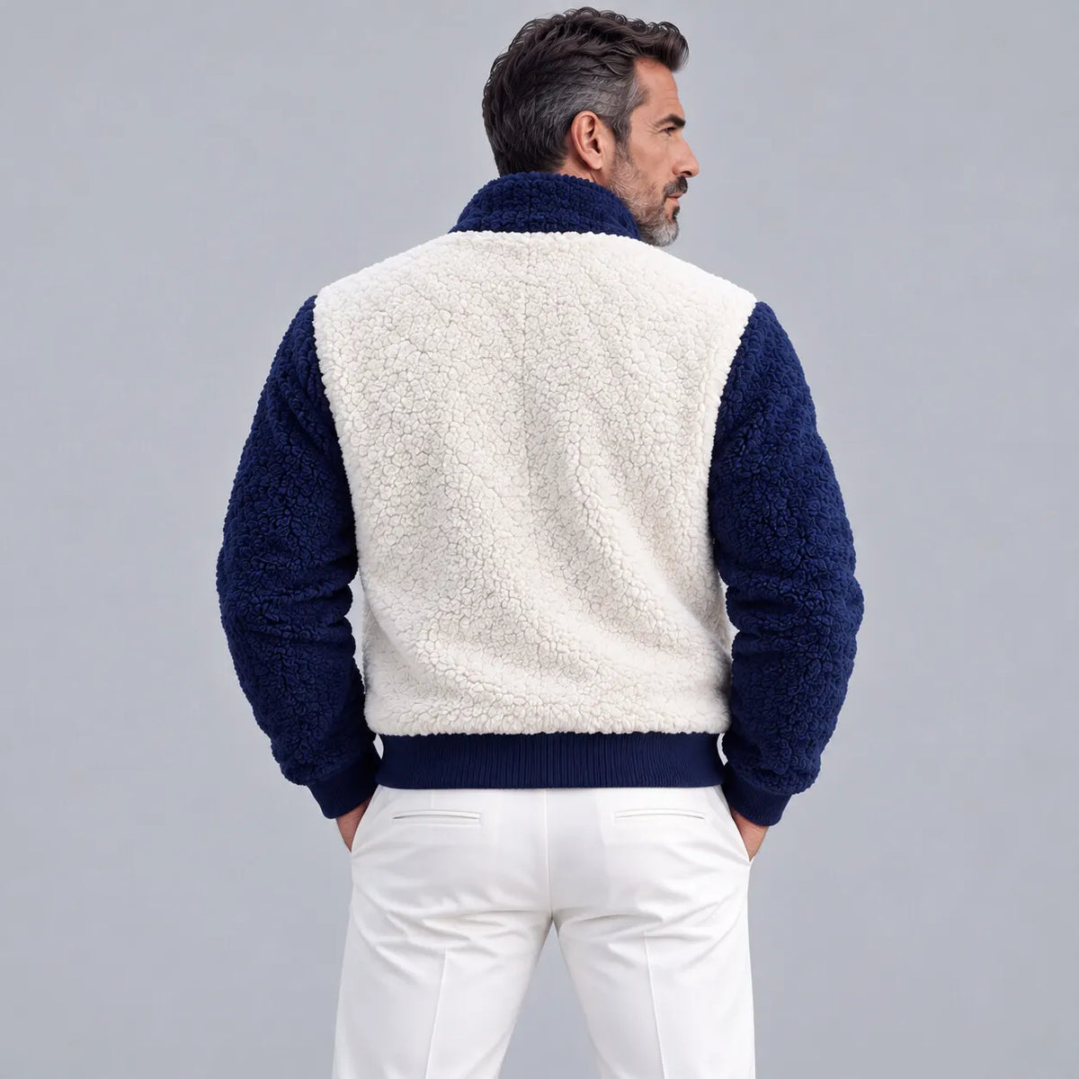 Men's Casual Color Block Stand Collar Slant Pockets Sherpa Fleece Zipper Jacket