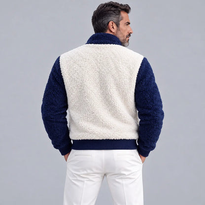Men's Casual Color Block Stand Collar Slant Pockets Sherpa Fleece Zipper Jacket