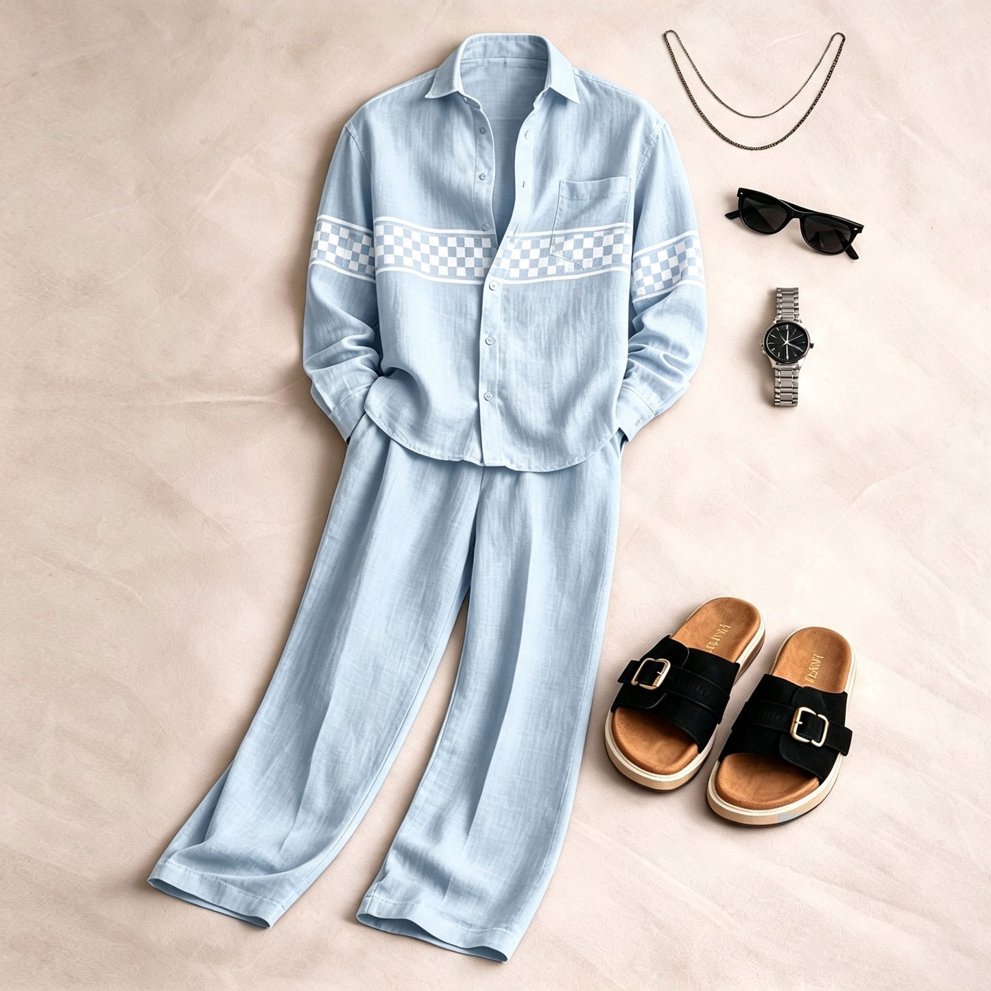 Men's Light Blue Long-Sleeve Shirt and Pants Set