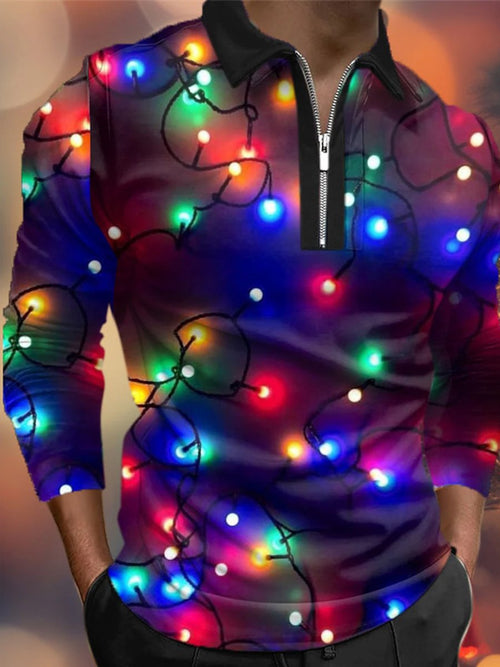 Christmas Men's Lantern Zipper Long-Sleeve Polo Shirt