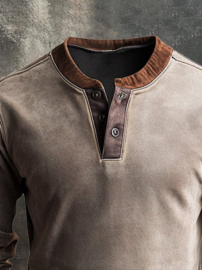 Men's Retro Stitching Contrast Color Henley Collar Casual Long Sleeve Sweatshirt