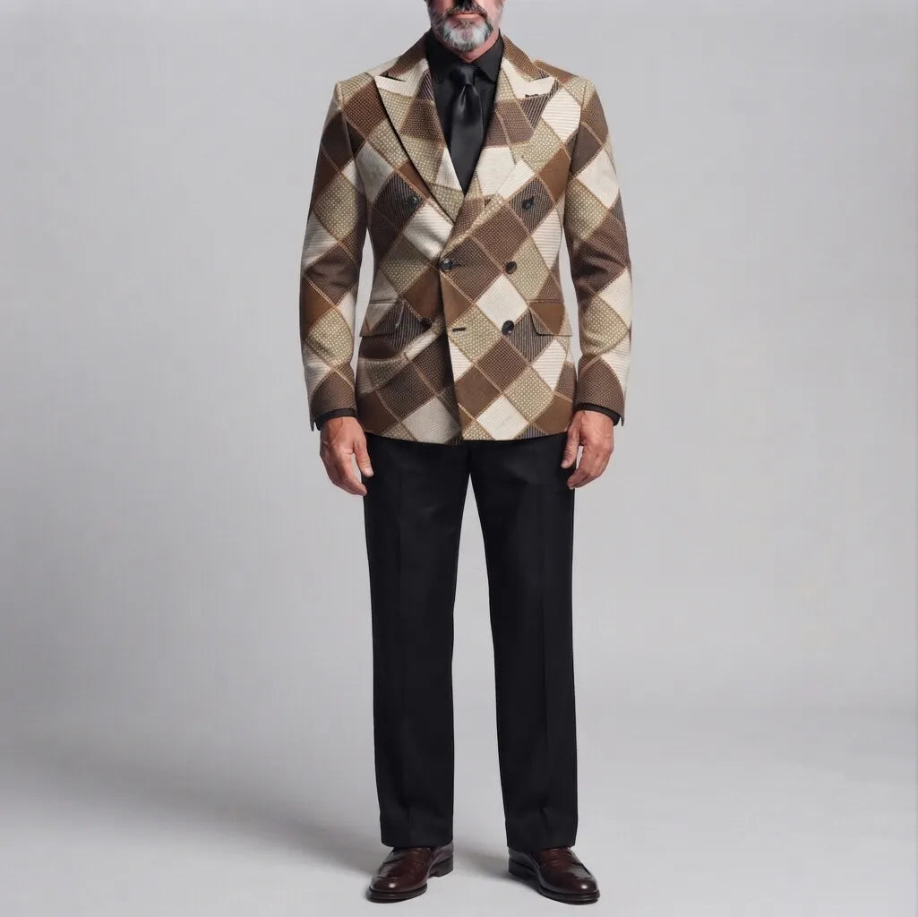 Men's Business Casual Colorblock Plaid Print Peak Lapel Double-Breasted Slim Fit Blazer