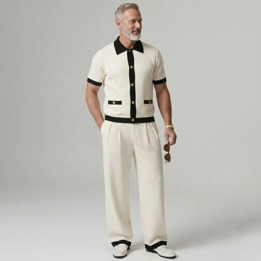 Men's Beige Contrast Binding Single Breasted Short Sleeve Shirt & Pants 2Pcs Set