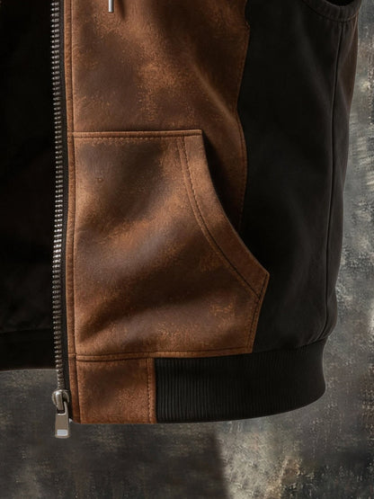 Men's Vintage-Style Distressed Leather-Panel Hooded Vest