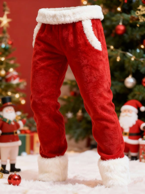 Men's Red Warm Plush Christmas Work Pants