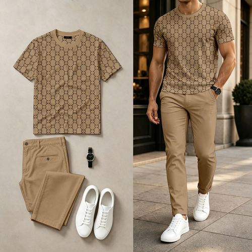 Men's Casual All-Over Print Round-Neck Short-Sleeve Top And Pants Two-Piece Set