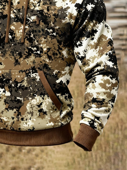Men's Retro Distressed Color Block Camouflage Print Casual Long Sleeve Sweatshirt