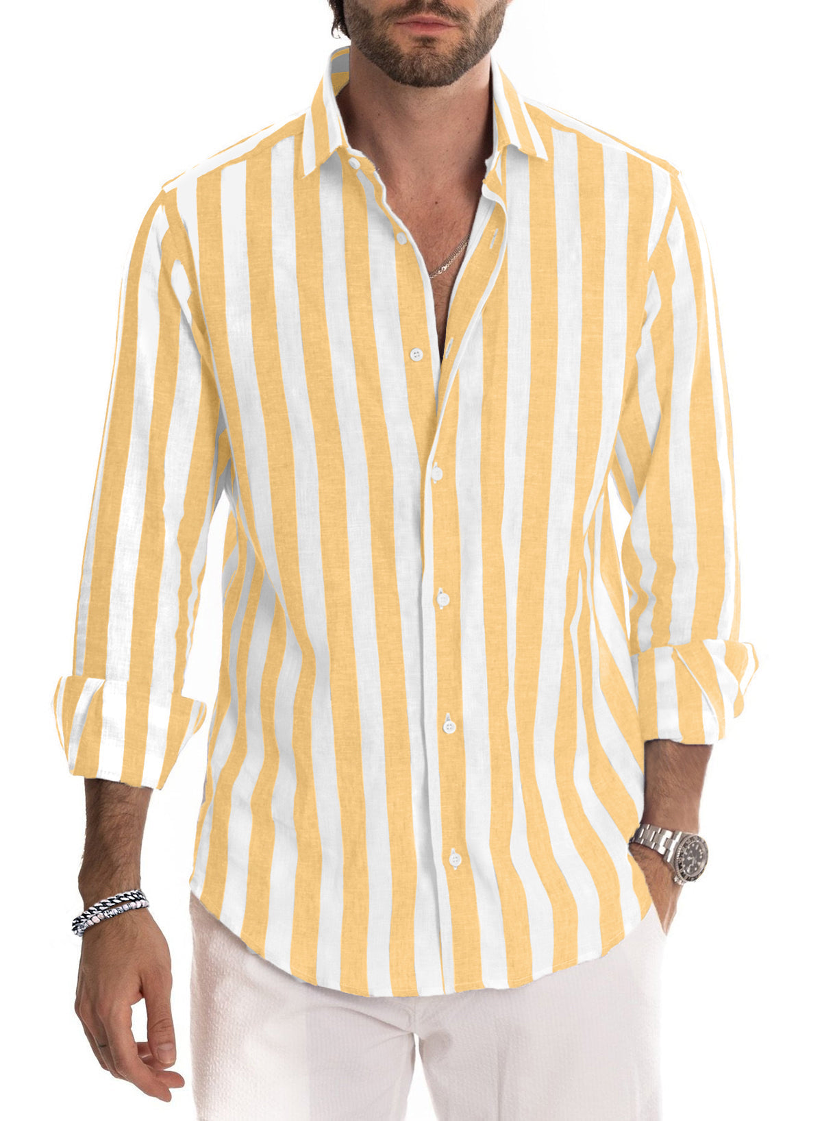 JMIERR Men's Linen Shirts Casual Long Sleeve Button-Down Striped Dress Shirt