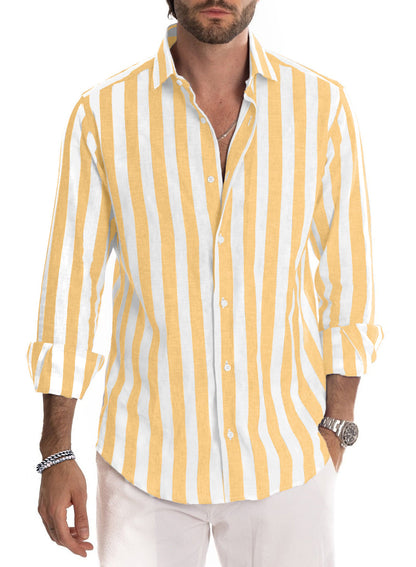 JMIERR Men's Linen Shirts Casual Long Sleeve Button-Down Striped Dress Shirt