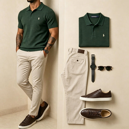 Green Waffle Knit Polo & Beige Pants Matching Outfit