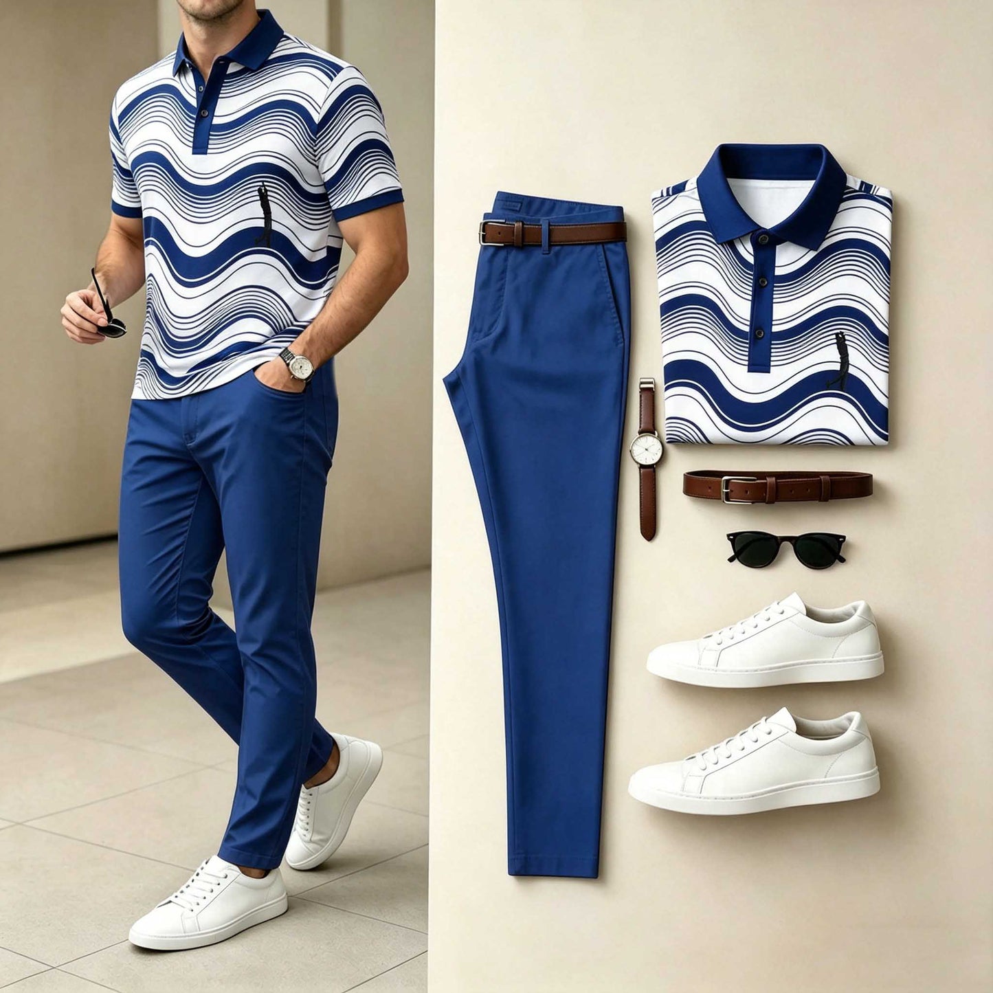 Men's Casual Navy Wave Printed Polo Shirt & Pants Two-Piece Set