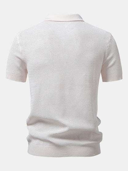 Textured Johnny Collar Crocheted Knit Polo