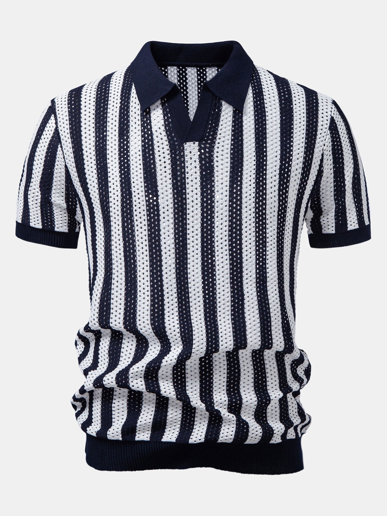 Stripe Johnny Collar Open Knit Polo