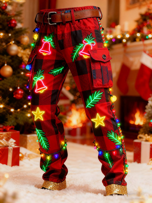 Men's Christmas Bells Holly Berries Candy Cane Plaid Printed Cargo Pants