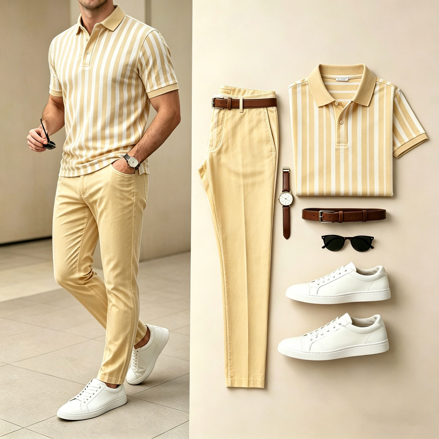 Men's Casual Fine-Striped Printed Short-Sleeve Polo Shirt And Pants Set (Excluding Accessories Such As Watches And Belts)