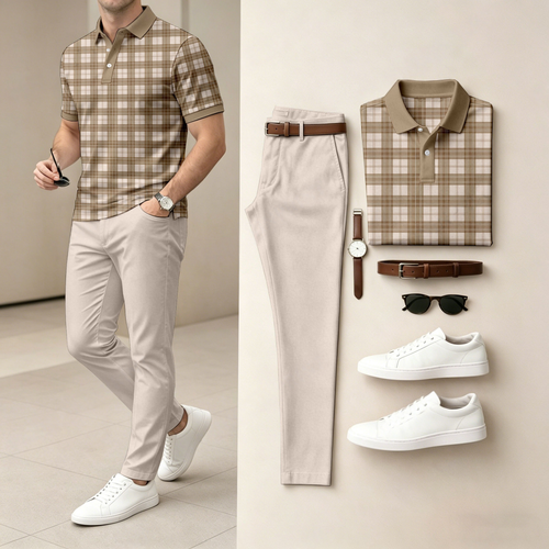 Men's Casual Checkered Print Short-Sleeve Polo Shirt And Pants Set (Excludes Accessories Such As Watches And Belts)