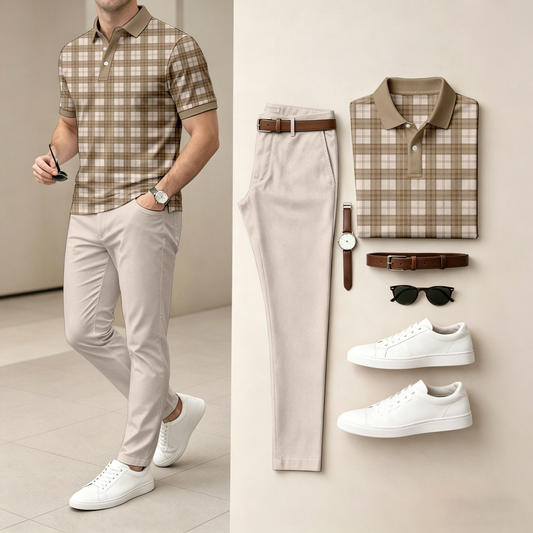 Men's Casual Checkered Print Short-Sleeve Polo Shirt And Pants Set (Excludes Accessories Such As Watches And Belts)