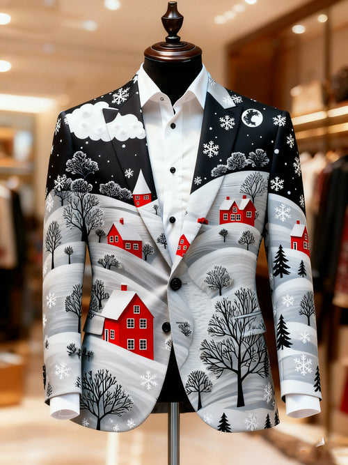 Men's Christmas Casual Print Large Pocket Blazers