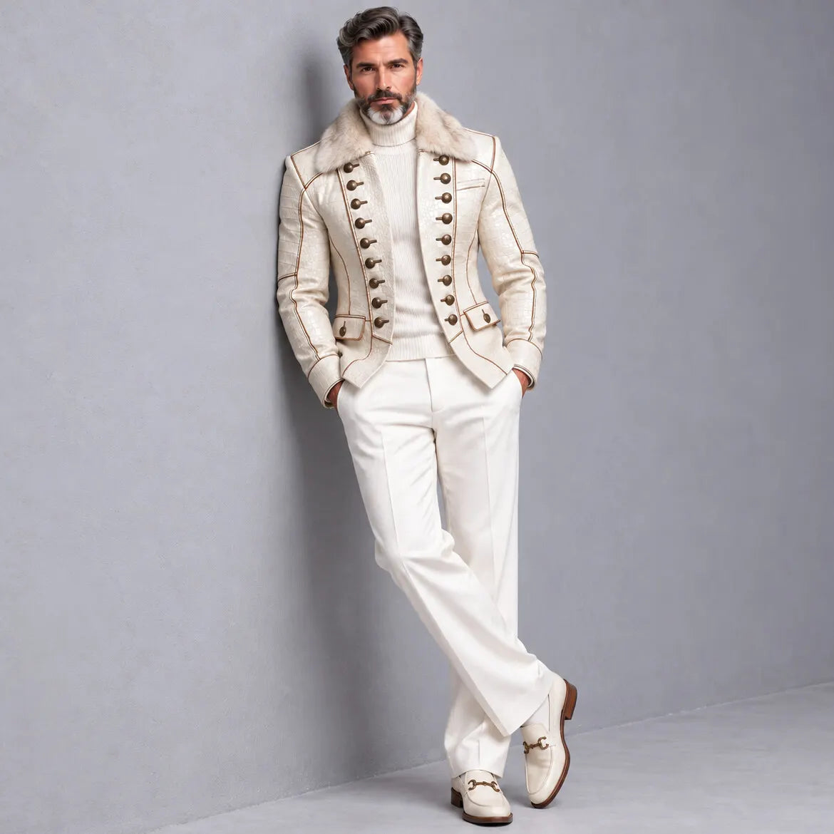 Men's Beige Crocodile Texture PU Leather Contrast Piping Fuzzy Collar Double Breasted Jacket