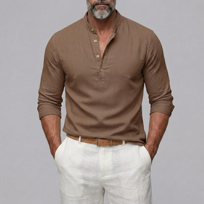 Men's Solid Color Stand Collar Half Placket Pullover Long Sleeve Shirt