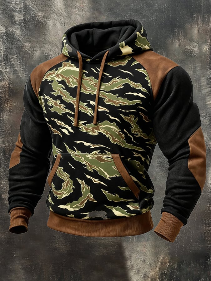 Men's Retro Distressed Color Block Camouflage Print Casual Long Sleeve Sweatshirt