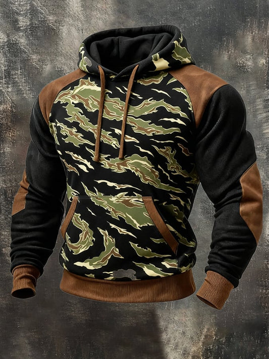 Men's Retro Distressed Color Block Camouflage Print Casual Long Sleeve Sweatshirt