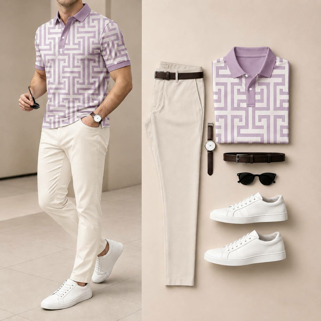 Men's Casual Lavender & Off White Geometric Printed Polo Shirt And Pants Two-Piece Set