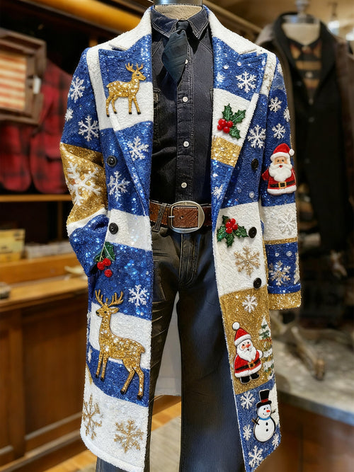 Men's Business Christmas Snowflake Long Wool Coat