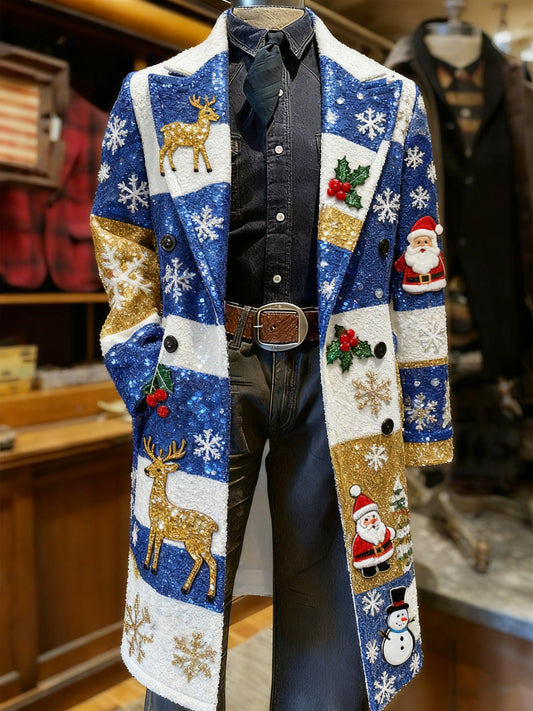 Men's Business Christmas Snowflake Long Wool Coat
