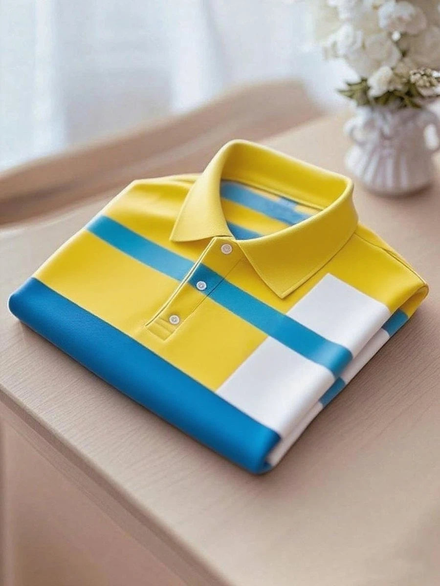 Men's Business Casual Blue and Yellow Block Logo Button Short Sleeve Polo Shirt