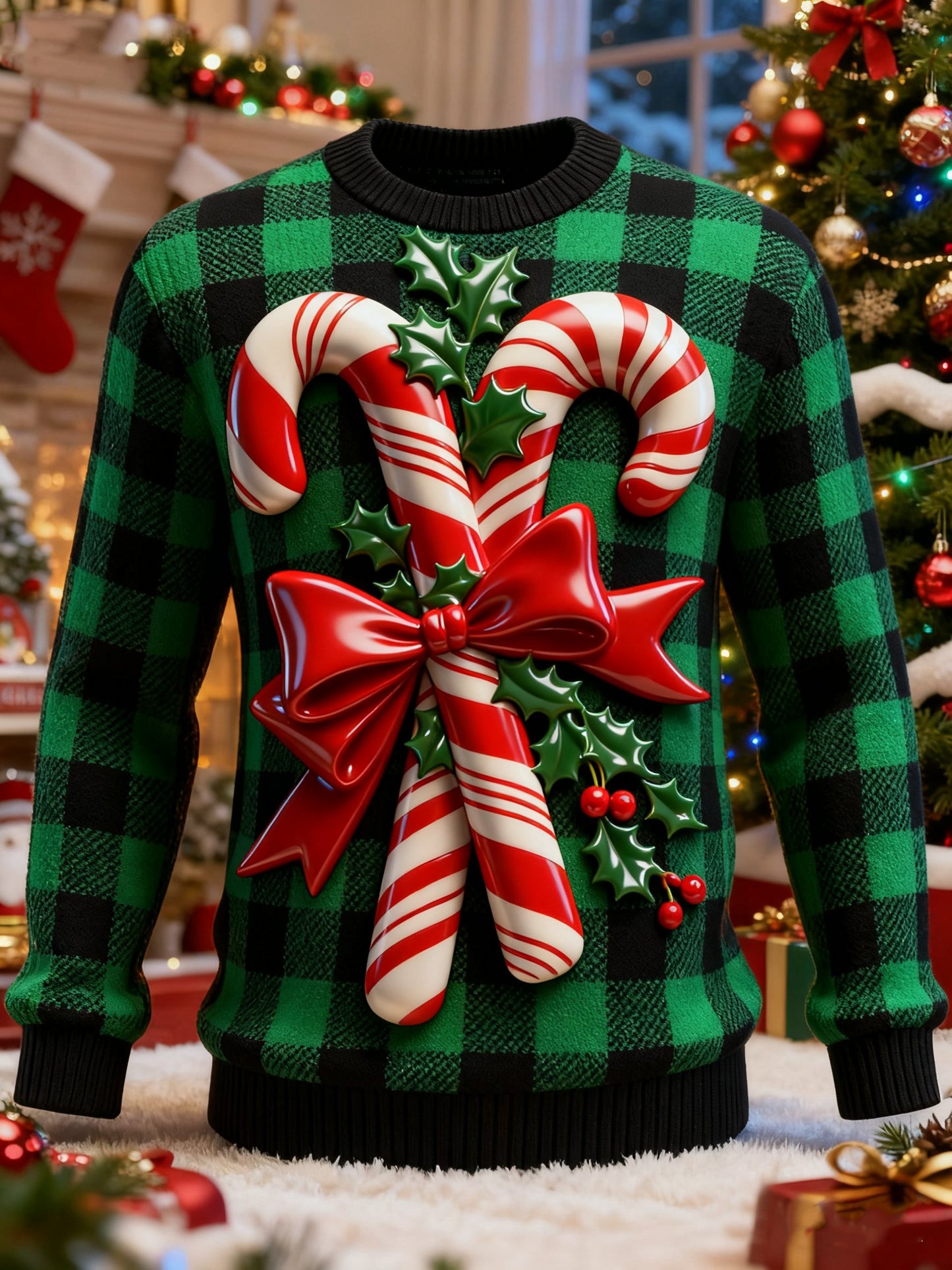 Men's Candy Cane Print Ugly Christmas Sweater