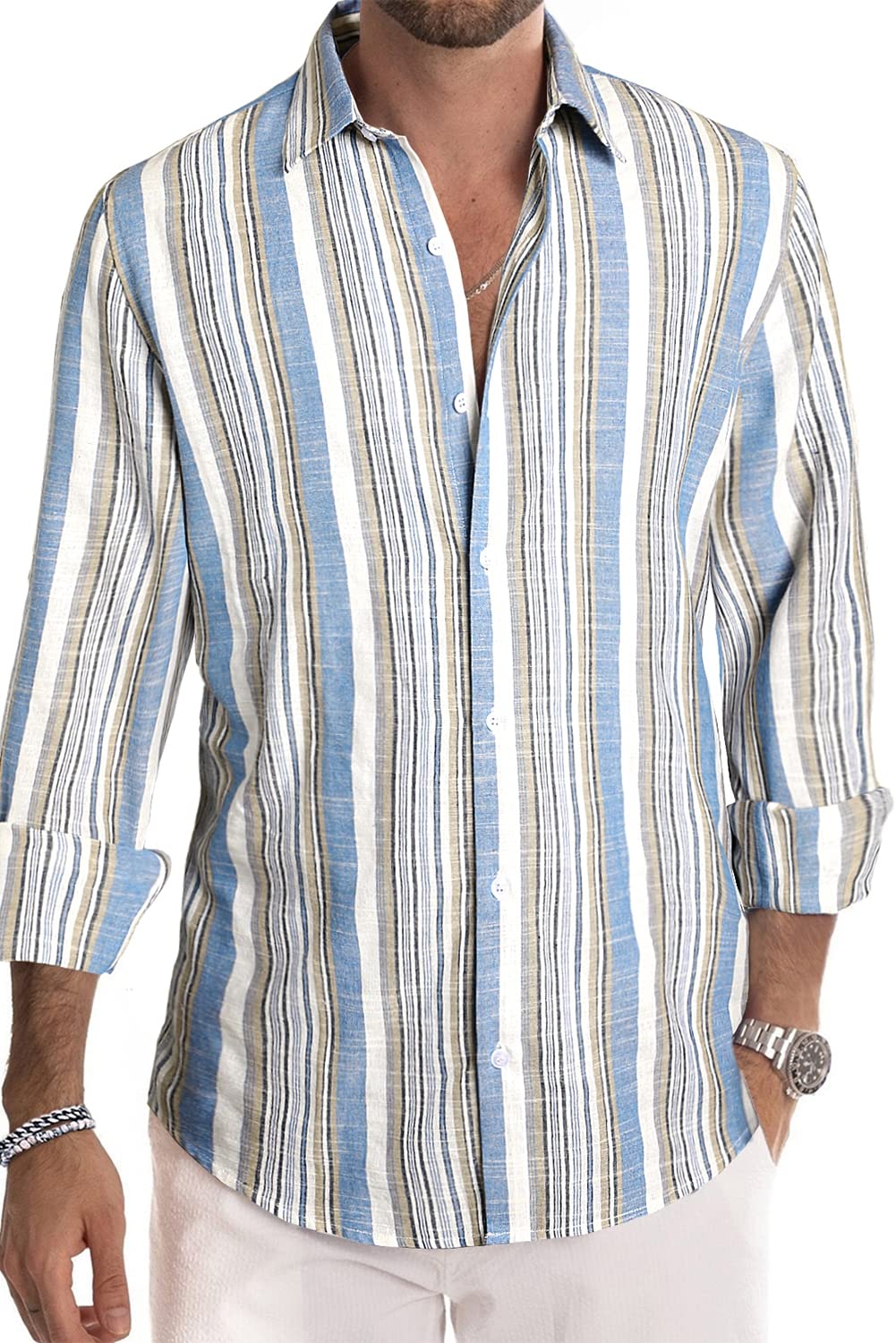 JMIERR Men's Linen Shirts Casual Long Sleeve Button-Down Striped Dress Shirt