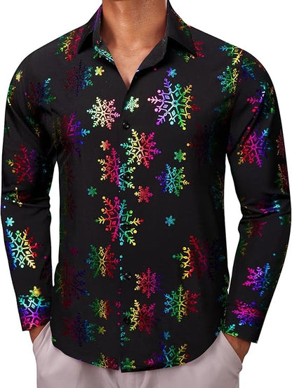 Men's Christmas Dress Shirts Long Sleeve Luxury Shiny Shirt