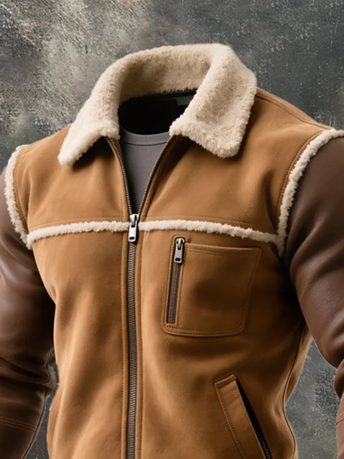 Men's Retro Patchwork Lambswool Warm Jacket
