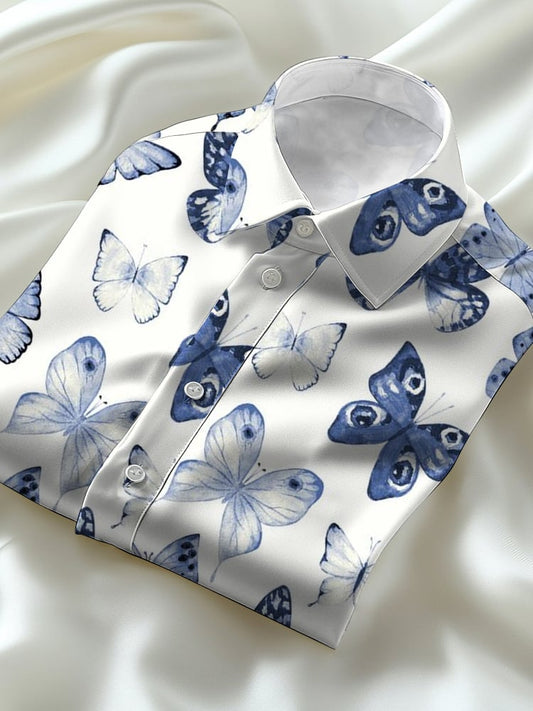 Men's Business Casual Watercolor Butterfly Lapel Short Sleeve Shirt