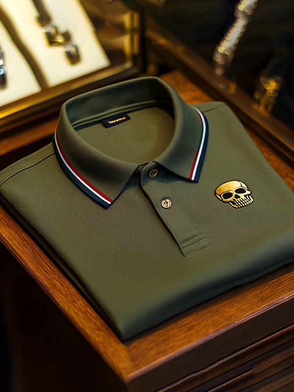 Men's Business Casual Skull Print Button-Down Polo Shirt