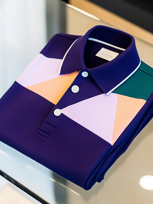 Men's Business Casual Color Block Button Short Sleeve Polo Shirt