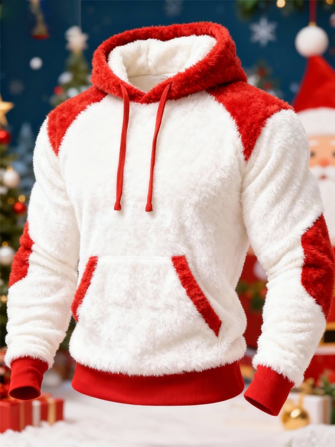 Men's Plush Stitching Christmas Warm Hooded Sweatshirt