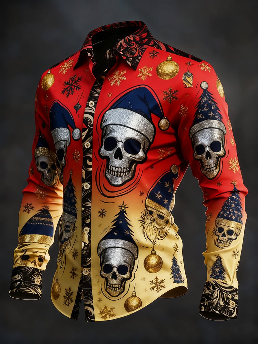 Men's Vintage Skull Christmas Party Long Sleeve Shirt