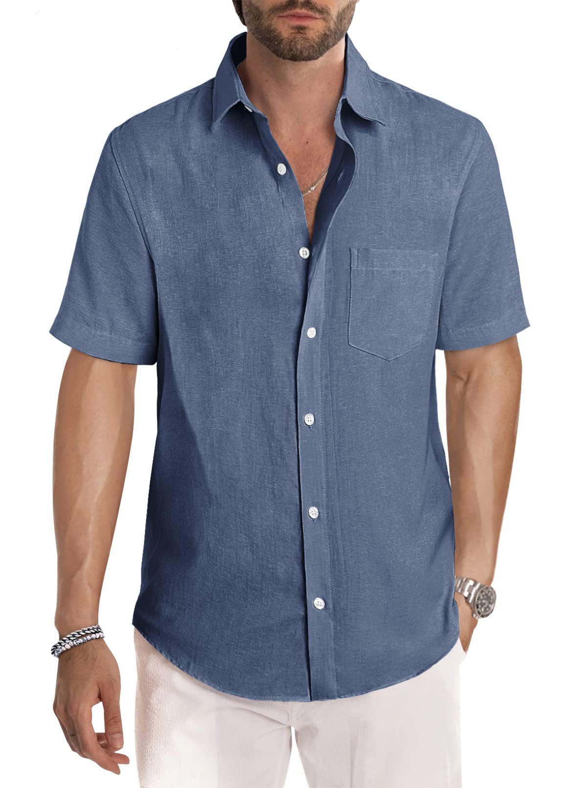 JMIERR Men's Casual Stylish Short Sleeve Button-Up Striped Dress Shirts Cotton Shirt