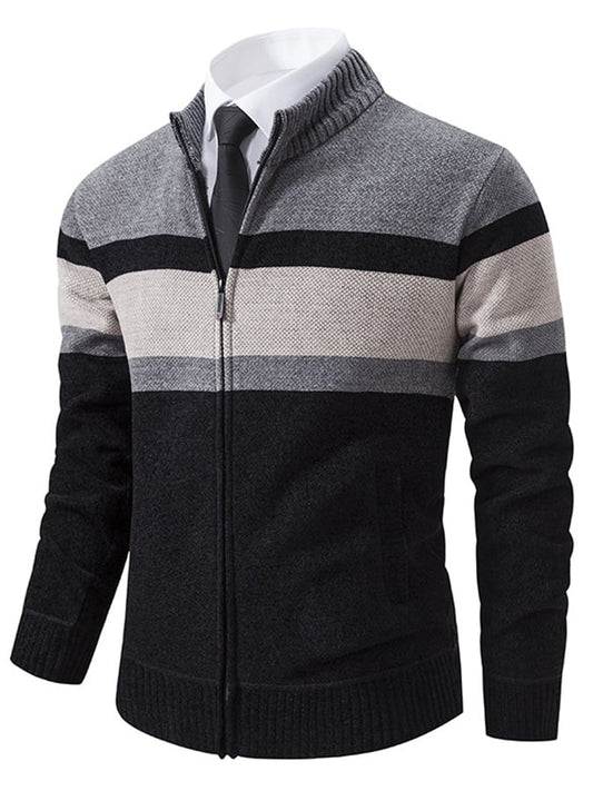 Men's Stylish Contrasting Color Design Velvet Warm Zipper Sweater Jacket