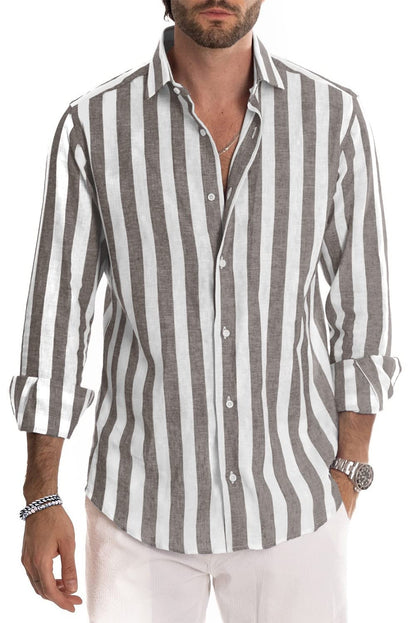 JMIERR Men's Linen Shirts Casual Long Sleeve Button-Down Striped Dress Shirt