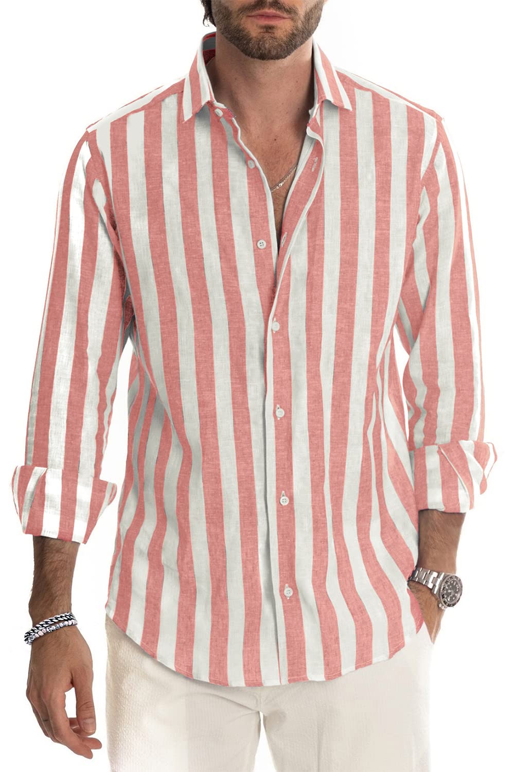 JMIERR Men's Linen Shirts Casual Long Sleeve Button-Down Striped Dress Shirt
