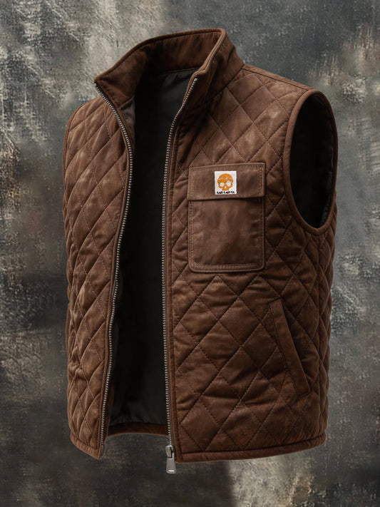 Men's Vintage-Style Distressed Diamond-Quilted Zip-Up Vest with a Stand Collar