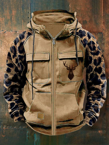 Men's Vintage Western Print Multi-Pocket Jacket