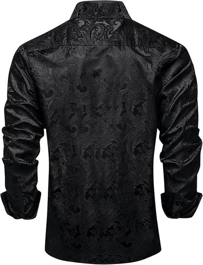Men's Silk Paisley Dress Shirts,Paisley Black