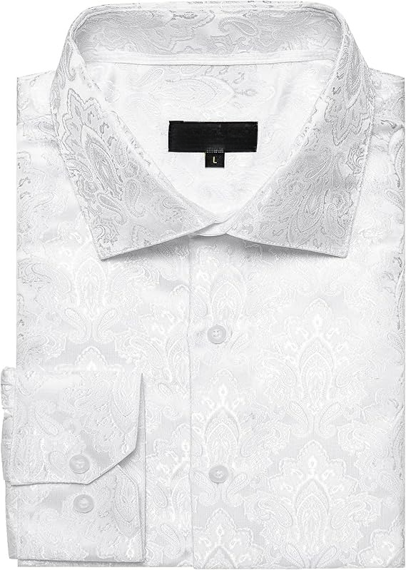 Men's Silk Paisley Dress Shirts,White Paisley